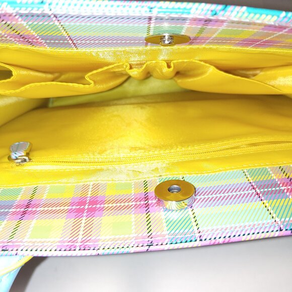 Baekgaard Real Leather Plaid Tote Purse Light Blue Hard Handles OS - Picture 7 of 9